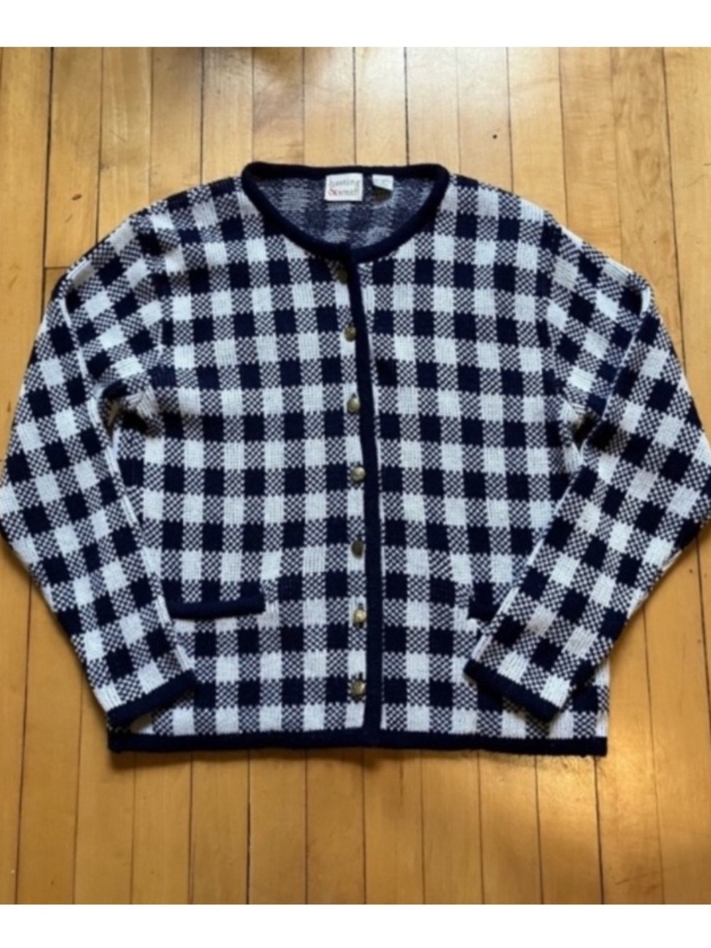 Vintage Gingham Navy and White Preppy Grannycore Cardigan Sweater